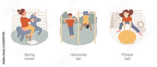 Elementary school break activities isolated cartoon vector illustration set. Spring rocker, horizontal bar, fitness ball, outdoor playground, happy children, physical exercise vector cartoon.