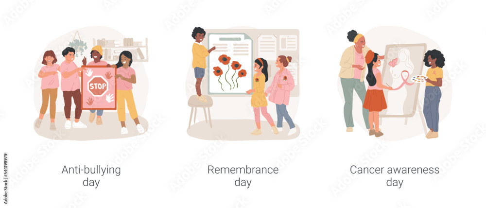 Special school days isolated cartoon vector illustration set. Anti-bullying day, World War victory remembrance, cancer awareness poster, poppy seed flower, create bulletin board vector cartoon.
