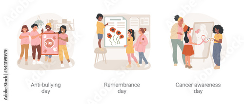 Special school days isolated cartoon vector illustration set. Anti-bullying day, World War victory remembrance, cancer awareness poster, poppy seed flower, create bulletin board vector cartoon.