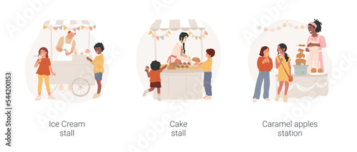 Outdoor school summer fair activity isolated cartoon vector illustration set. Ice Cream stall, selling cupcakes and muffins, caramel apples station, food market, chocolate fountain vector cartoon.