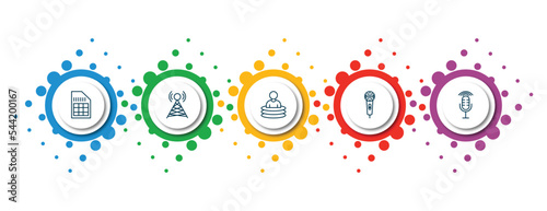 editable thin line icons with infographic template. infographic for technology concept. included big, cell tower, teletransportation, basic microphone, radio microphone icons.