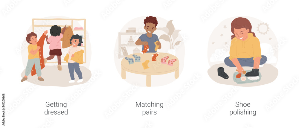 Self-care montessori lessons isolated cartoon vector illustration set. Getting dressed, matching pairs, shoe polishing, preschool education, practical life exercise, manual skill vector cartoon.