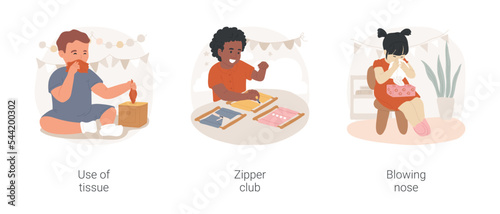 Self care development in Montessori method isolated cartoon vector illustration set. Use of tissue, zipper club, blowing nose, preschooler helps himself, practical life skills vector cartoon.