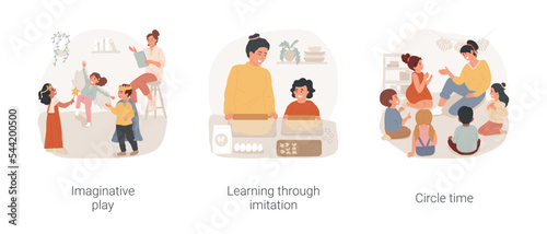 Childs imagination development in Waldorf preschool isolated cartoon vector illustration set. Imaginative play, learning through imitation, circle time, creativity and fantasy vector cartoon.