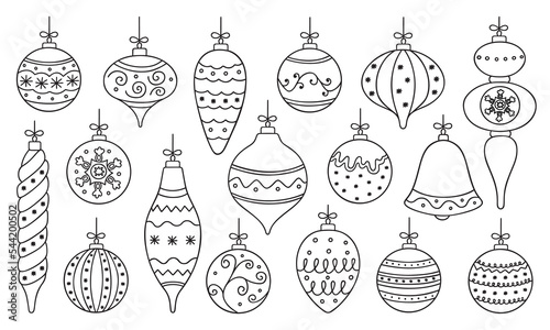 Hand drawn set of christmas balls doodle. New Year decoration in sketch style. Vector illustration isolated on white background