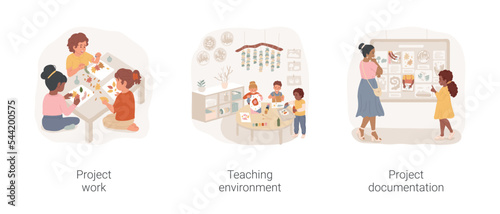 Reggio Emilia preschool isolated cartoon vector illustration set. Project work, teaching environment and classroom design, project documentation, art activity, photo board vector cartoon. photo