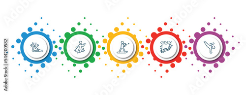 editable thin line icons with infographic template. infographic for sports concept. included sprained ankle, jumping ski, biathlon, snow slide zone, capoeira icons.