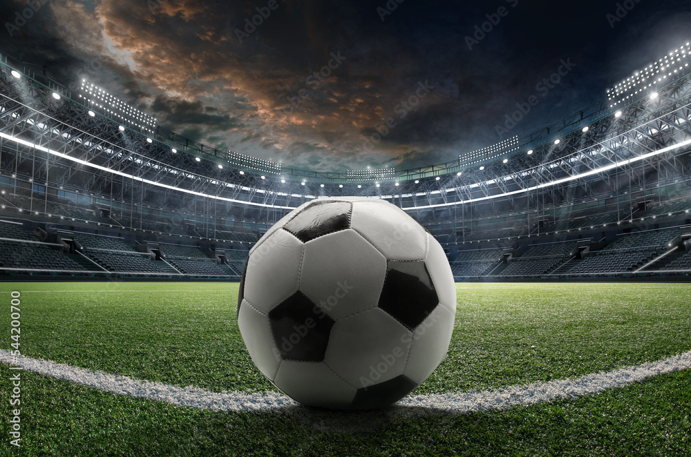 Sports football Background. Soccer ball at the sports stadium. Stock