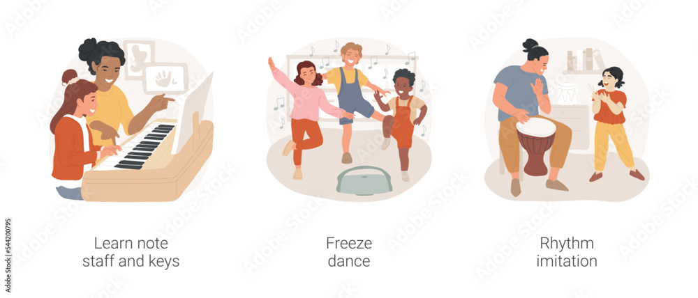 Teaching music in elementary school isolated cartoon vector illustration set. Learn note staff and keys, freeze dance game, music lesson for children, rhythm imitation exercise vector cartoon.