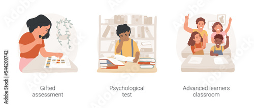 Gifted child program isolated cartoon vector illustration set. Gifted kid assessment, psychological test for talented children, advanced learner special program, mixed classroom vector cartoon.