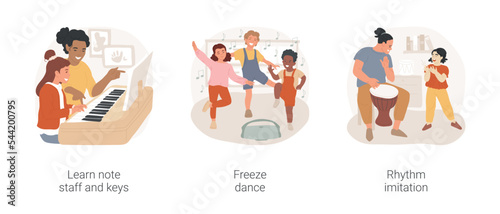 Teaching music in elementary school isolated cartoon vector illustration set. Learn note staff and keys, freeze dance game, music lesson for children, rhythm imitation exercise vector cartoon.