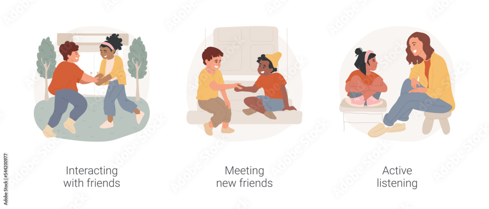 custom made wallpaper toronto digitalChildren socialization at elementary school isolated cartoon vector illustration set. Interacting with kids, meeting new friend, active listening, communication skill, play together vector cartoon.