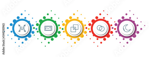 editable thin line icons with infographic template. infographic for shapes concept. included assembly area, foto, paint selection, circles, clear night icons.