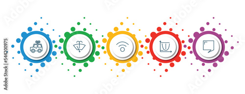 editable thin line icons with infographic template. infographic for shapes concept. included toys, windshield washer, wireless, parabola, speech bubble black icons.