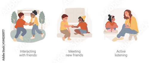 Children socialization at elementary school isolated cartoon vector illustration set. Interacting with kids, meeting new friend, active listening, communication skill, play together vector cartoon.
