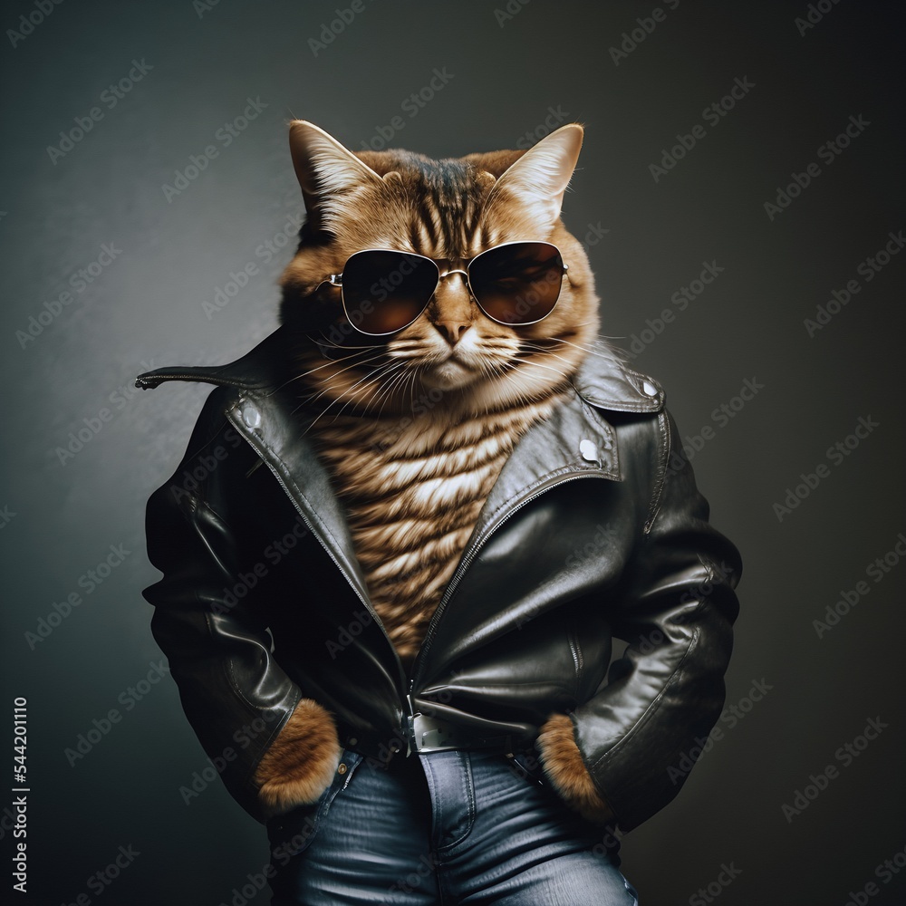 Portrait of a macho cat wearing a leather black jacket, sunglasses an blue jeans  pants. Posing as a top-gun actor model. Artistic digital painting.  Illustration Stock | Adobe Stock