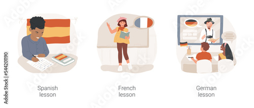 Additional foreign language proficiency isolated cartoon vector illustration set. Spanish lesson, French class, German for children, additional foreign language at middle school vector cartoon.