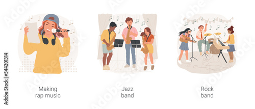 Middle school music classes isolated cartoon vector illustration set. Learning to make rap, hip-hop music, jazz lesson, children rock band, school elective, performance on stage vector cartoon.