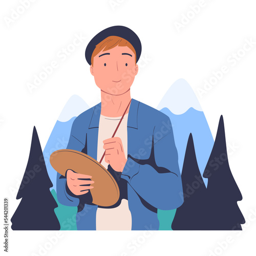 Man Character in Beret Drawing Nature Landscape with Palette and Brush Vector Illustration