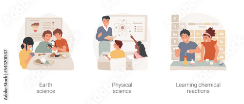Science middle school curriculum isolated cartoon vector illustration set. Earth science, geology lesson, study physics at school, learning chemical reactions, chemistry class vector cartoon.