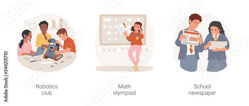 Middle school electives isolated cartoon vector illustration set. Robotics club, teen making robot, math olympiad, child solving equation, school newspaper, student journalism vector cartoon.