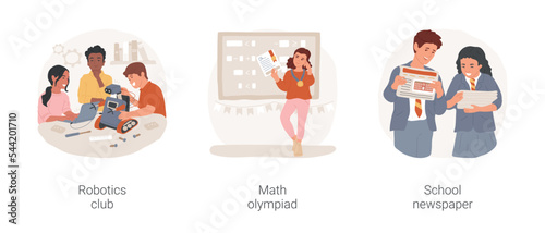 Middle school electives isolated cartoon vector illustration set. Robotics club, teen making robot, math olympiad, child solving equation, school newspaper, student journalism vector cartoon. photo