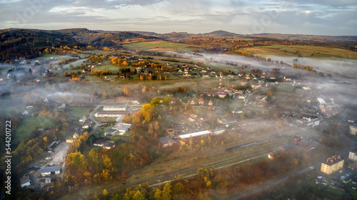 Fototapeta Naklejka Na Ścianę i Meble -  aerial view of the morning autumn mountains near Polanica-Zdrój, Poland