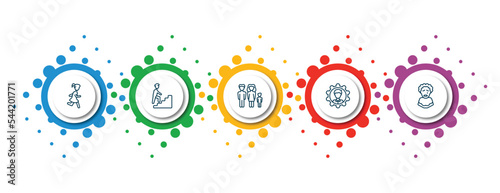 editable thin line icons with infographic template. infographic for people concept. included girl running, man climbing stairs, family group, preferences, pierrot icons.