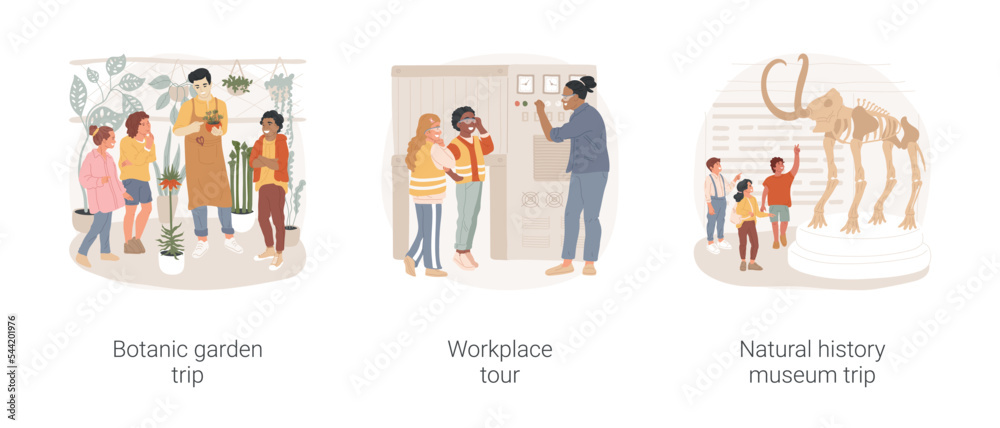 Educational trips in middle school isolated cartoon vector illustration set. Botanic garden trip, workplace tour, future career exploration, natural history museum group visit vector cartoon. Educational trips in middle school isolated cartoon vector illustration set. Botanic garden trip, workplace tour, future career exploration, natural history museum group visit vector cartoon.