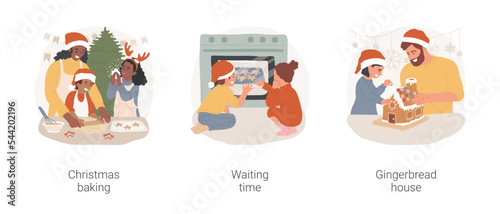Christmas baking isolated cartoon vector illustration set. Family baking cookies, xmas holiday celebration, children looking into the oven, waiting time, making gingerbread house vector cartoon.