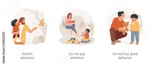 Child whims and impulses isolated cartoon vector illustration set. Parent deal with kid whims, switch mood, pointing finger, do not pay attention, mom looking away from toddler vector cartoon.