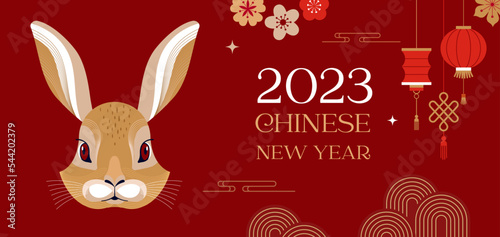 Chinese new year 2023 year of the rabbit - red traditional Chinese designs with rabbits, bunnies. Lunar new year concept, modern design. Translation: Happy Chinese new year