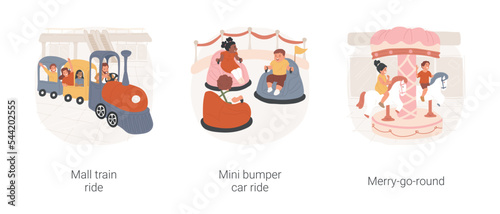 Shopping mall rides isolated cartoon vector illustration set. Mall train ride, children sit in little carriage, indoors mini bumper car, merry-go-round, kids entertainment zone vector cartoon.