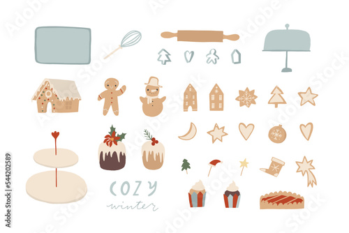 Set of Christmas Baking elements isolated on white background. Preparing for the winter holidays, home baking in winter. Vector cute cartoon flat illustration. Gingerbread cookies, cakes, decoration