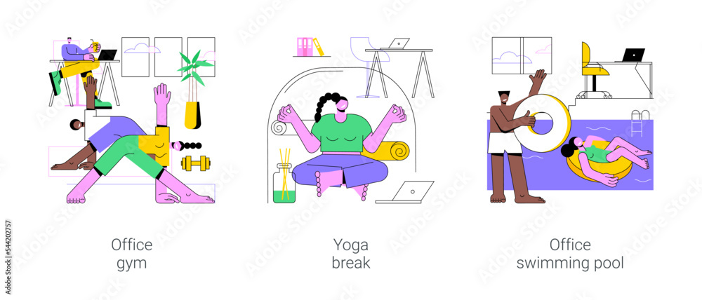 Recreational facilities in modern office isolated cartoon vector illustrations set. Office gym, yoga break in modern workplace, swimming pool, active lifestyle and colleagues fun vector cartoon.