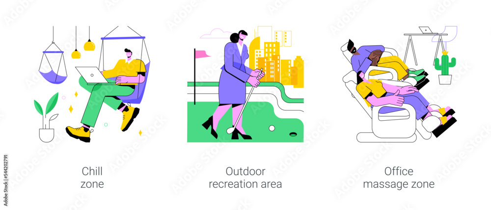 Recreation in smart office isolated cartoon vector illustrations set. Chill zone and outdoor recreation area, office massage zone, modern workplace, relax time at job, wellness vector cartoon.