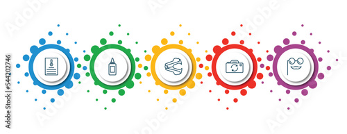 editable thin line icons with infographic template. infographic for miscellaneous concept. included enlist, glue bottle, stapler remover, camera front, fun glasses icons.