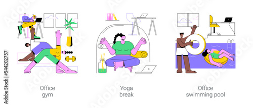 Recreational facilities in modern office isolated cartoon vector illustrations set. Office gym  yoga break in modern workplace  swimming pool  active lifestyle and colleagues fun vector cartoon.