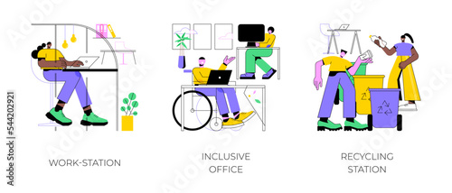 Office design and interior isolated cartoon vector illustrations set. Work-station in smart office, inclusive working environment, recycling station at modern business workplace vector cartoon.