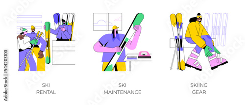Ski equipment isolated cartoon vector illustrations set. Young couple renting a ski during winter holidays, skiing equipment maintenance, rental business, winter season activity vector cartoon.