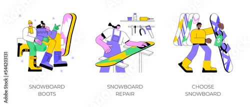 Snowboard equipment isolated cartoon vector illustrations set. Couple wearing snowboard boots, fixing and waxing in repair shop, choosing new board, sport equipment rental business vector cartoon.