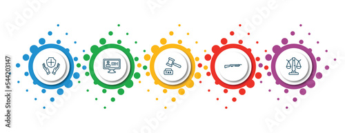 editable thin line icons with infographic template. infographic for law and justice concept. included qualified protection, criminal database, tax law, shotgun, business law icons.
