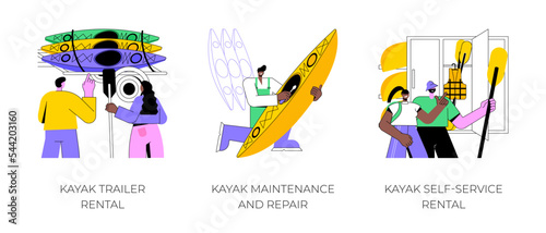 Kayak rental isolated cartoon vector illustrations set. Trailer delivery, canoe owner doing repair, kayaking equipment, self-service rental business, recreational activity vector cartoon.