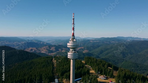 Aerial view of telecommunications tower at Snezhanka peak near Pamporovo in Bulgaria photo