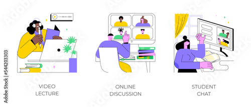 Distance learning virtual communication isolated cartoon vector illustrations set. Video lecture, online discussion, student chat at live video conference, watching recorded classes vector cartoon.
