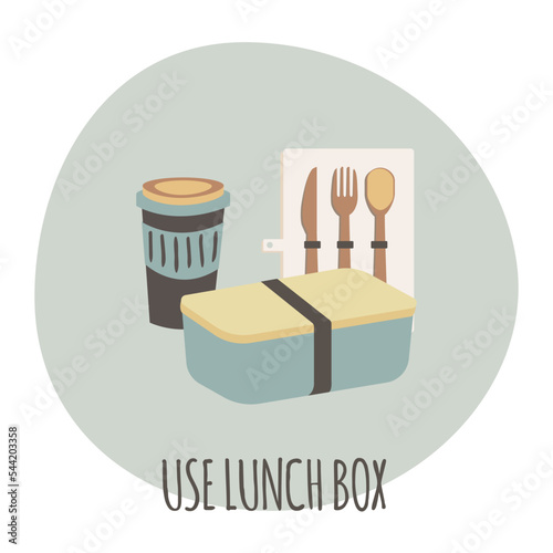 Zero waste lunch set. Vector illustration. Bamboo cultery, lunch box, reusable coffee cup. Eco lifestyle. No plastic.