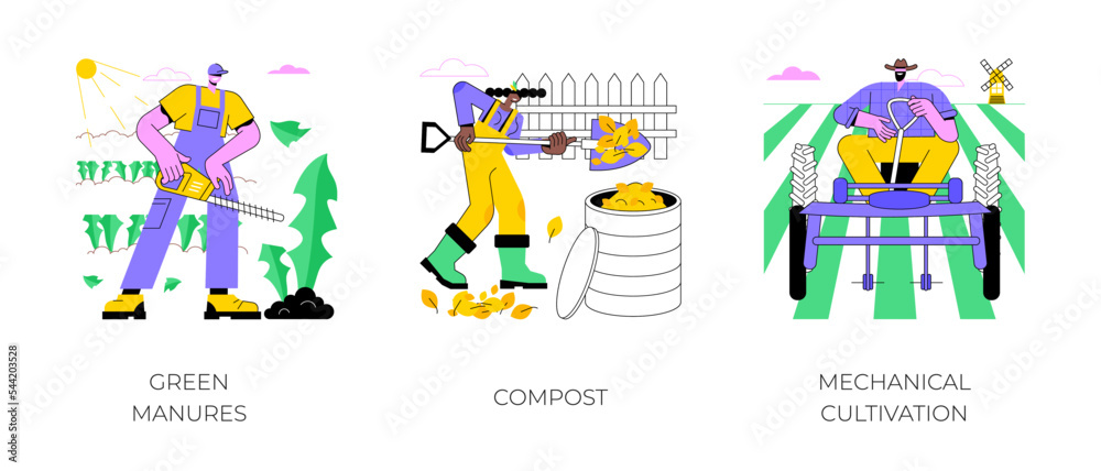 Organic farming methods isolated cartoon vector illustrations set. Green manures, organic waste use for compost, mechanical cultivation, weed control in modern agriculture vector cartoon.