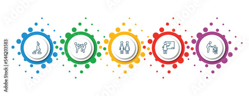 editable thin line icons with infographic template. infographic for humans concept. included fitness exercises, fighting, cooker couple, teachers, feeding icons.