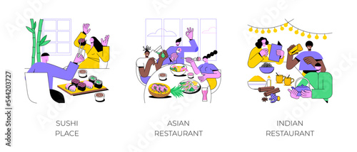 Asian cuisine isolated cartoon vector illustrations set. Happy couple eat sushi together, Thai and Vietnamese food, Indian restaurant, diverse people holding chopsticks, dining out vector cartoon.