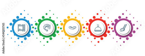 editable thin line icons with infographic template. infographic for hotel concept. included bunk bed, shrimp, sausage, dish, sushi icons.
